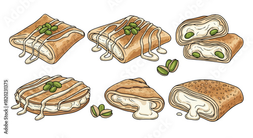 Sweet crepes with pistachio and syrup