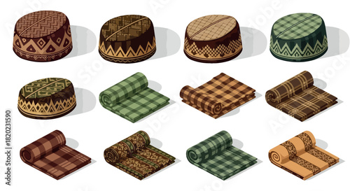 Rolled and stacked fabric patterns in various colors