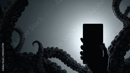 Silhouette of a Tentacle Gripping a Smartphone Highlights Digital Addiction Against a Dark Gradient Backdrop