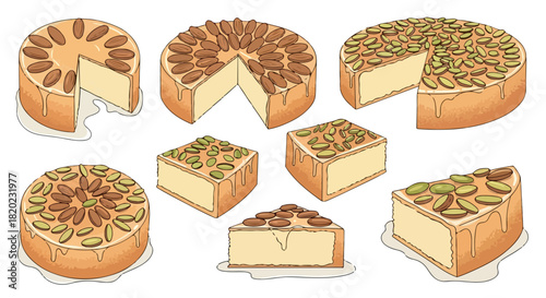 Nutty cake slices and whole cakes with glaze