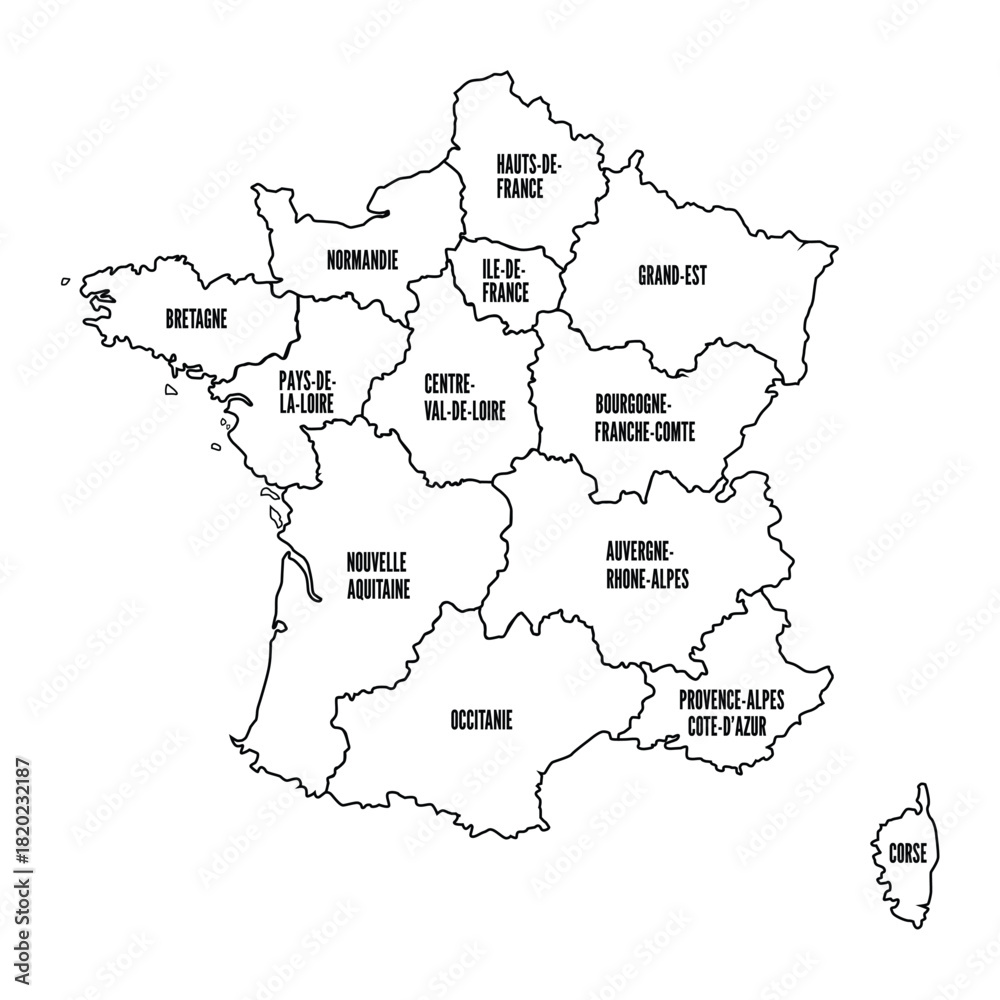 Fototapeta premium Editable France Regions Map Outline Vector with Labels
