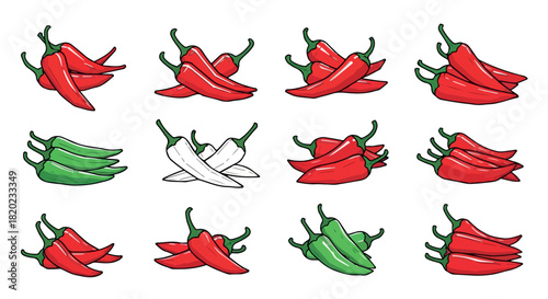 Red and green chili peppers collection with transparent background