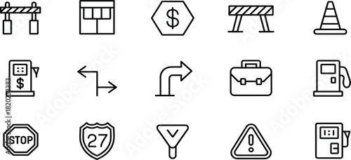 Road sign and traffic control line icons set, gas station, highway, business, and transportation vector collection
