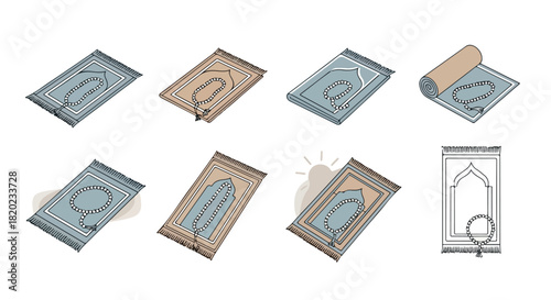 Prayer rugs and rosaries collection with transparent background