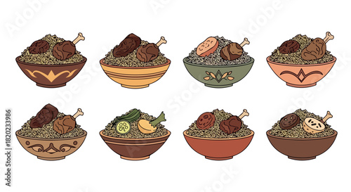 Chicken rice bowls with various garnishes