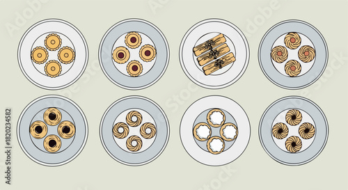 Assorted pastries on plates for dessert or bakery