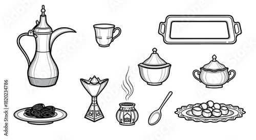 Arabic tea set and sweets with transparent background