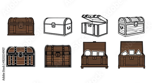 Wooden treasure chests in various views