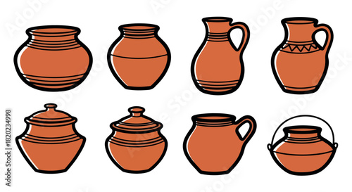Clay pots and jugs collection in terracotta style