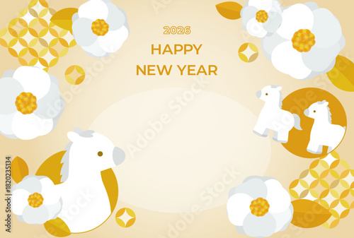 華やかでかわいい白椿と白馬の年賀状 文字あり