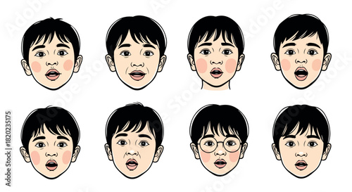 Boy's face expressions set with transparent background
