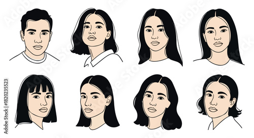 Diverse faces outline portraits collection