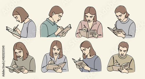 People writing in notebooks, various poses