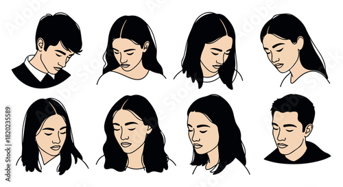 Diverse faces outline portraits with transparent background