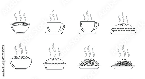 Food icons set with steam, various dishes