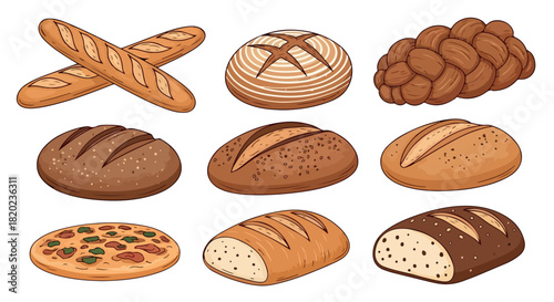 Assorted bread types collection with transparent background