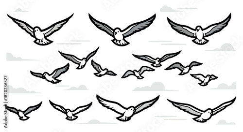 Flying seagulls in sky with clouds