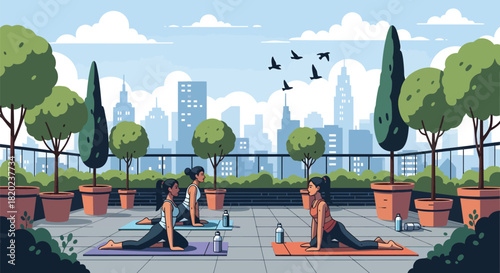 Peaceful Yoga Practice Amidst Rooftop Cityscape Greenery