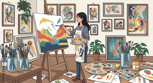 Creative Woman Painting Abstract Art in Her Studio
