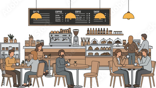 Modern cafe interior with patrons enjoying coffee and conversation