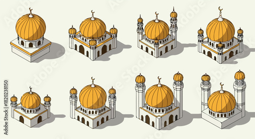 Isometric mosque buildings with golden domes