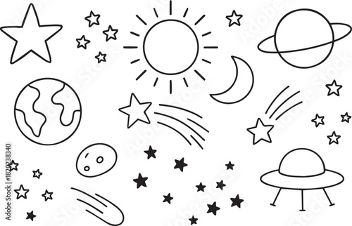 Cute line doodle space background. Hand drawn planets, sun, moon, stars, spaceship collection. Childish drawing cosmic illustration. Crayon, ink, pencil drawing black and white vector