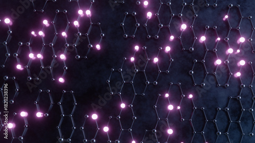 Graphene structure with glowing atoms, showcasing nanotechnology and material science at the atomic level.