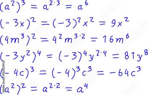 Handwritten algebra examples showing power and exponent rules, featuring step-by-step simplifications of expressions with variables, coefficients, and parentheses.
