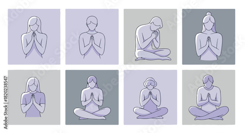 People praying in various poses with neutral backgrounds