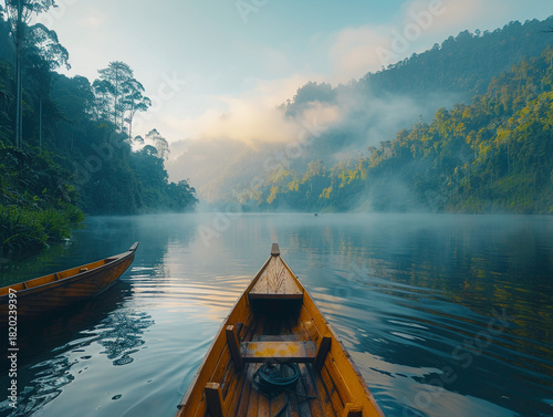 serene mountain lake at dawn with mist over crystal-clear waters