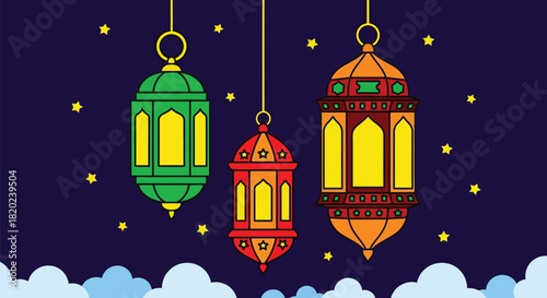 Vibrant Ramadan lanterns shining bright in the night sky illustration