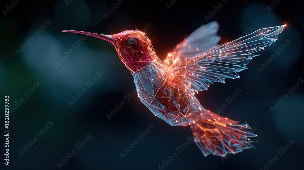 Fototapeta premium A glowing, wireframe hummingbird with red and orange accents, flying against a dark, blurred background with bokeh effects.
