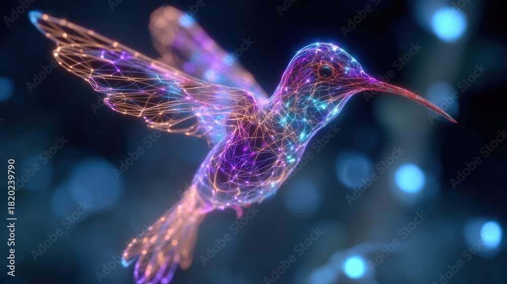 Fototapeta premium A vibrant, abstract hummingbird with glowing, neon lines and a blue, bokeh background, set against a dark, blurred backdrop.