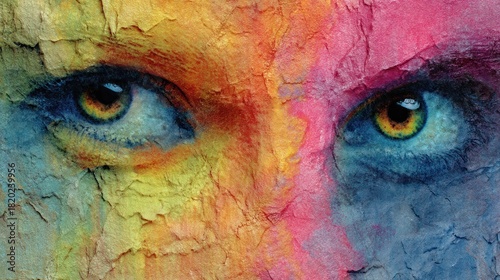 A colorful, textured face with vibrant colors and intricate details, possibly a painting or a photograph of a person's face.