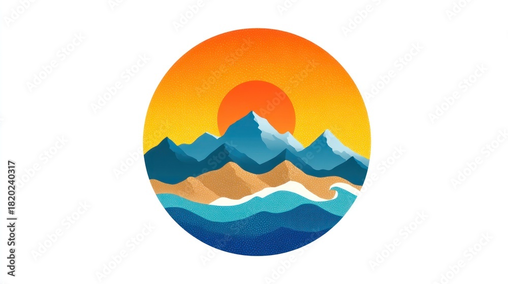 Obraz premium A vibrant illustration of a sun setting over a mountain range with waves crashing against the shore,