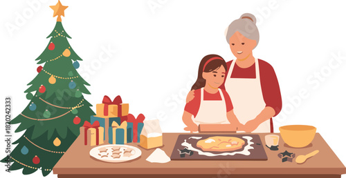 Grandmother and granddaughter baking, Christmas kitchen, festive cookies, holiday joy, cartoon style, vector graphic, cheerful, warm, playful, art