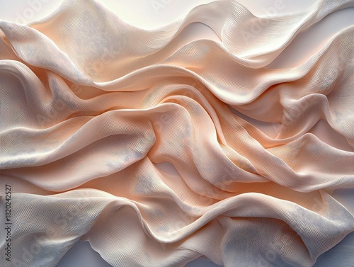A close-up view of flowing, draped peach-colored fabric with soft folds and gentle texture, illuminated by subtle, diffused light.