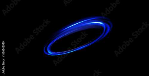 Circular light trail.Blue neon circle light.Blue glowing rings of light spinning.