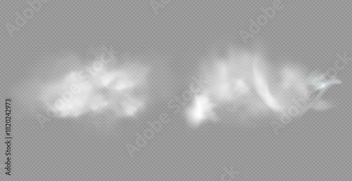 Realistic white fluffy clouds with fog or light smoke effect on a transparent background. Misty atmosphere element for overlaying on images, dramatic scenes or weather visual effects.