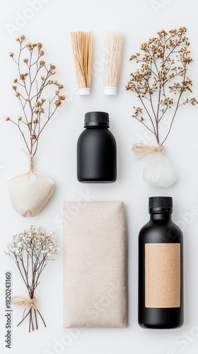 A flat lay arrangement of spa products including black bottles, tubes, and dried flowers on a white background. Natural, soft lighting.