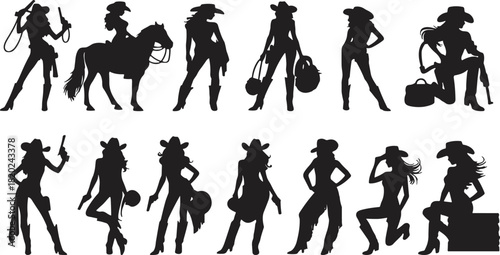Silhouette set of stylish cowgirl figures in western poses with hats, lassos, and boots for vector design use.