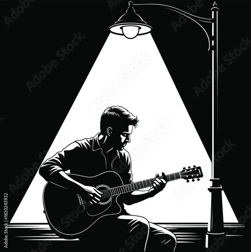 Man Playing Guitar Under Streetlight – Black and White Silhouette Vector Art