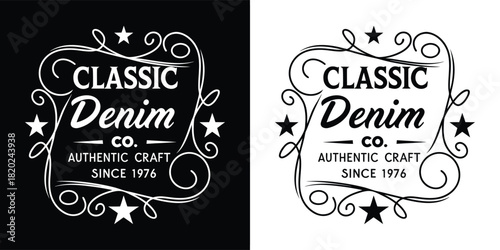 Classic denim co authentic craft since 1976 logo, vintage badge, distressed style, black and white