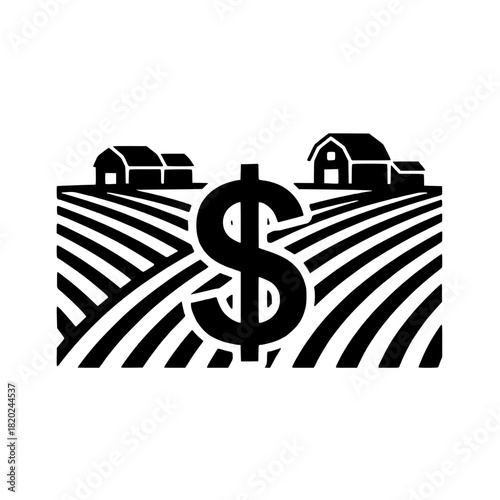 Farm financial success depicted with dollar sign amongst fields and barns for agriculture value