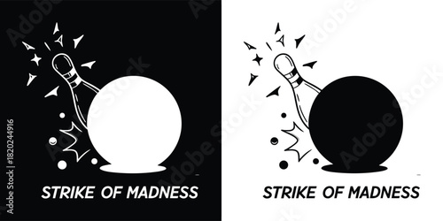 Bowling ball striking pins with motion lines and text