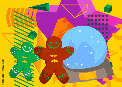 Snow Globe and Gingerbread Man Christmas Cookie geometrical graphic retro theme background. Minimal geometric elements. Vintage abstract shapes vector illustration.
