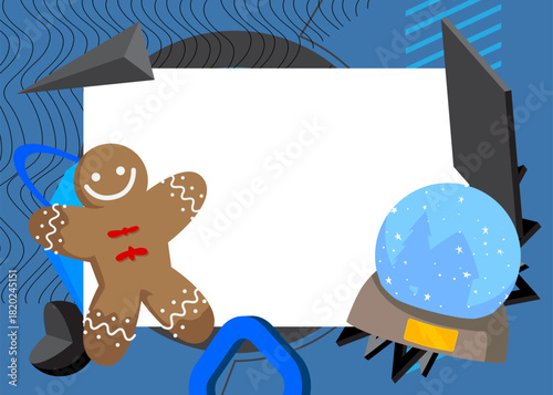 Snow Globe and Gingerbread Man Christmas Cookie geometrical graphic retro theme background. Minimal geometric elements. Vintage abstract shapes vector illustration.