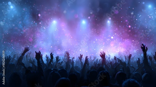 Crowd of people celebrating with hands raised under dramatic stage lighting effects