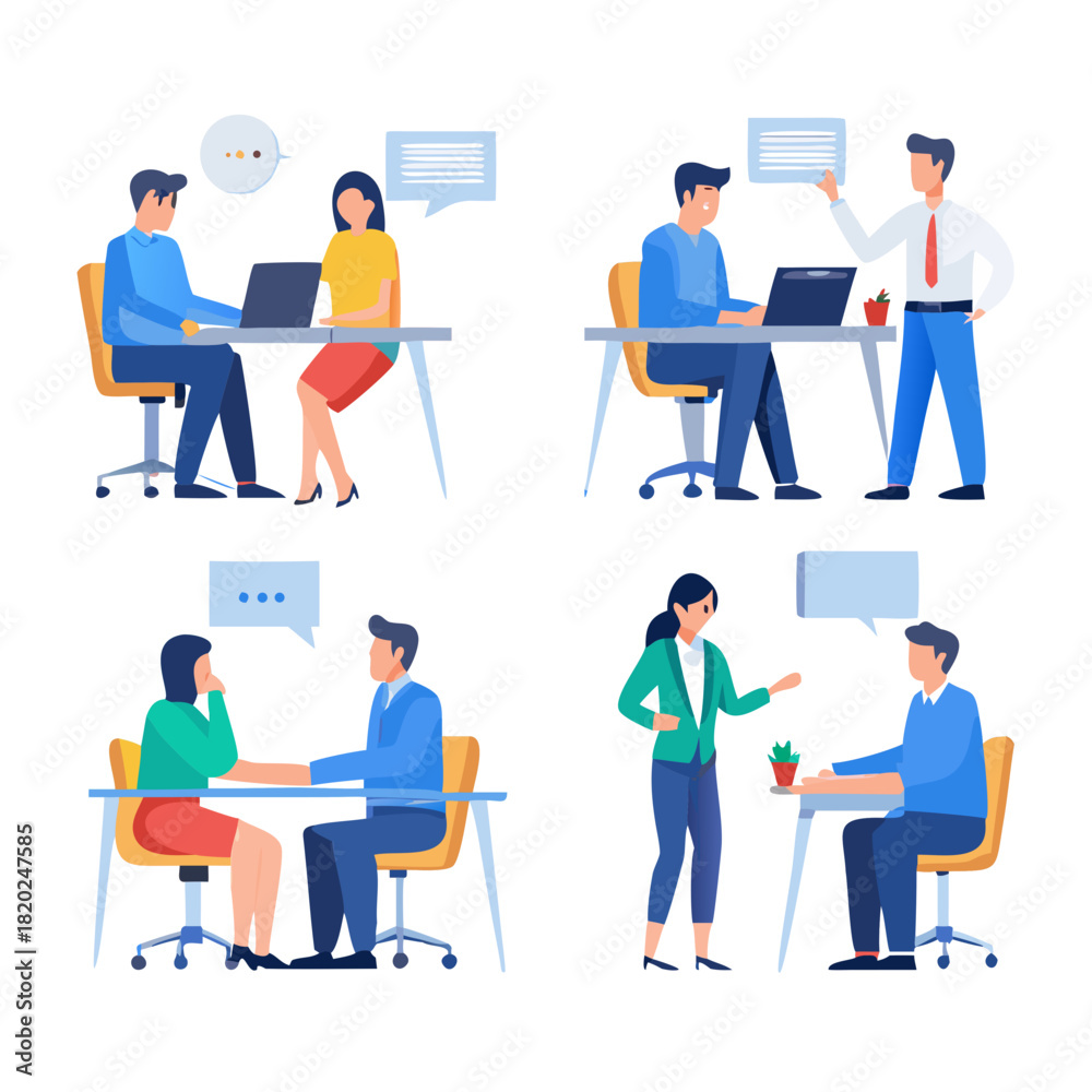 Obraz premium People working in office collection - Set of vector illustrations with businesspeople at work using computers, talking and doing teamwork together. Flat design with white background See Less