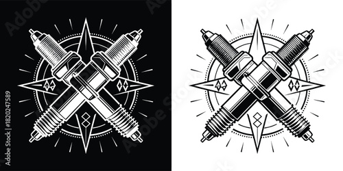 Two crossed spark plugs set against a compass rose and starburst, representing navigation, direction, and automotive power
